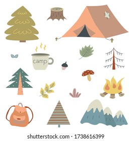 Conjunto de naturaleza aislada de camping - ilustración vectorial.