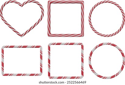 set of isolated candy cane frames. realistic 3d frames with red and white stripes