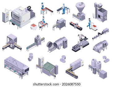 Set of isolated canned food production isometric icons with factory facilities lines storage tanks and workers vector illustration