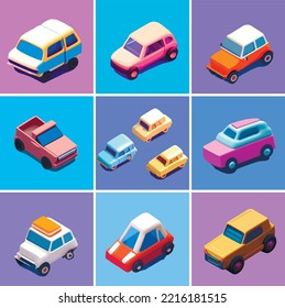 Set of isolated car illustrations. Funny cars in cartoon style 3d.