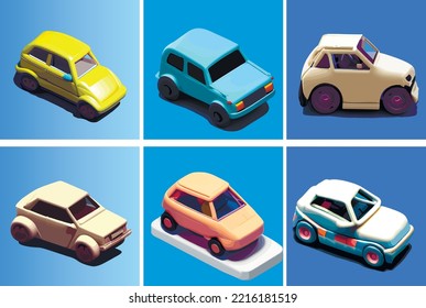 Conjunto de ilustraciones de coches aislados. Carros divertidos en el estilo de dibujos animados 3d.