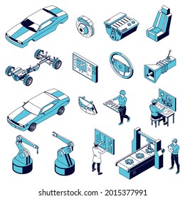 Set Of Isolated Car Parts Production Isometric Icons With Motor Vehicle Parts Plant Facilities And Workers Vector Illustration