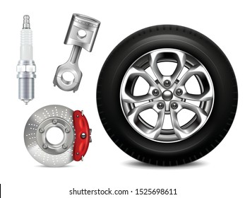 Set of isolated car parts realistic images with wheel spark plug engine piston and disk brake vector illustration