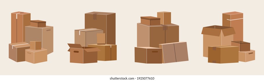 Set of isolated cardboard boxes for moving. Moving concept. Brown boxes for packing things of various sizes. Vector stock illustration. Trucking, delivery, logistics, packaging. Flat style.