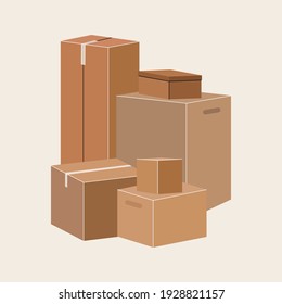Set of isolated cardboard boxes for moving. Moving concept. Brown boxes of various sizes. Vector stock illustration. Trucking, delivery, logistics, packaging. Moving and packing concept. Postal items