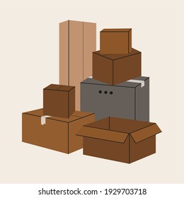 Set of isolated cardboard boxes for moving. Moving and packing concept. Brown boxes of various sizes. Vector stock illustration. Trucking, delivery, logistics, packaging. Simple. Isolated elements.