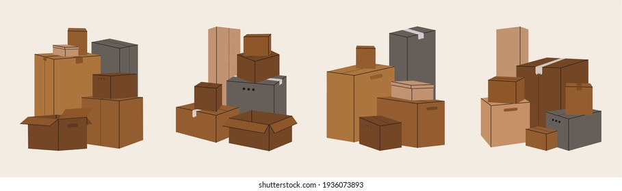 Set of isolated cardboard boxes for moving. Moving concept. Brown boxes of various sizes. Vector stock illustration. Trucking, delivery, logistics, packaging.