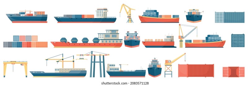 Set of isolated cargo port flat icons with images of colored containers cranes and freight vessels vector illustration