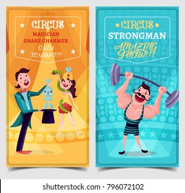 Set of isolated carnival or circus banners or signs. Tickets with strongman at arena and woman snake charmer, magician pulling hare out of hat. Performance and entertaining show poster, festive event