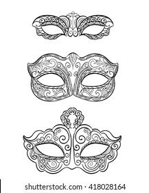 Set of isolated carnival masks, black and white Beautiful black lace masquerade mask isolated on white background. Ornate Monochrome Mardi Gras Carnival Mask 
