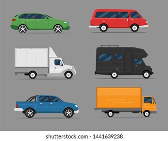 Set of isolated cars of different colors.
Truck, pickup, vintage cars, house on wheels, bus campervan.  Flat illustration, icon for graphic and web design