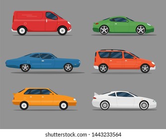 Set of isolated cars of different colors.
Van, sport auto, vintage muscle car, automobile for racing. Flat illustration, icon for graphic and web design