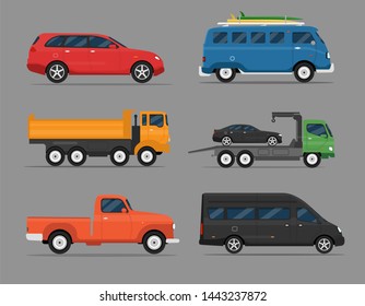 Set of isolated cars of different colors.
4x4, business auto, vintage car, pickup, bus for travel, truck. Flat illustration, icon for graphic and web design