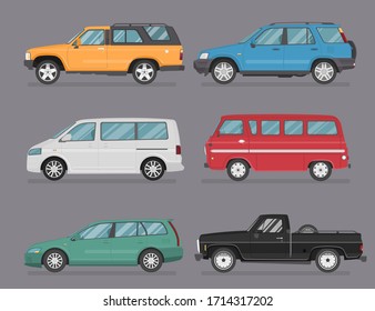 Set of isolated cars of different colors. 4x4, business auto, vintage car, pickup, bus for travel, truck. Flat illustration, icon for graphic and web design