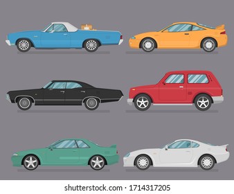 Set of isolated cars of different colors. 4x4, business auto, vintage car, pickup, bus for travel, truck. Flat illustration, icon for graphic and web design