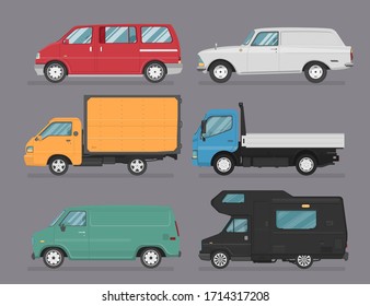 Set of isolated cars of different colors. 4x4, business auto, vintage car, pickup, bus for travel, truck. Flat illustration, icon for graphic and web design