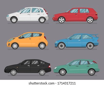 Set of isolated cars of different colors. 4x4, business auto, vintage car, pickup, bus for travel, truck. Flat illustration, icon for graphic and web design