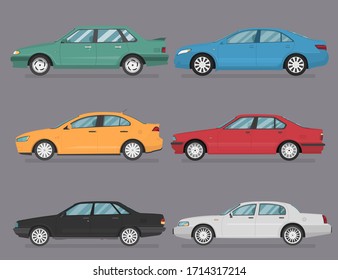 Set of isolated cars of different colors. 4x4, business auto, vintage car, pickup, bus for travel, truck. Flat illustration, icon for graphic and web design