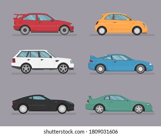 Set of isolated cars of different colors. 4x4, business auto, vintage car. Flat illustration, icon for graphic and web design