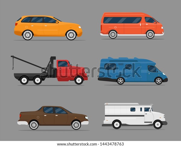 Set of isolated cars of different\
colors.\
4x4, suv, pickup, business auto, vintage, bus for travel,\
truck. Flat illustration, icon for graphic and web\
design