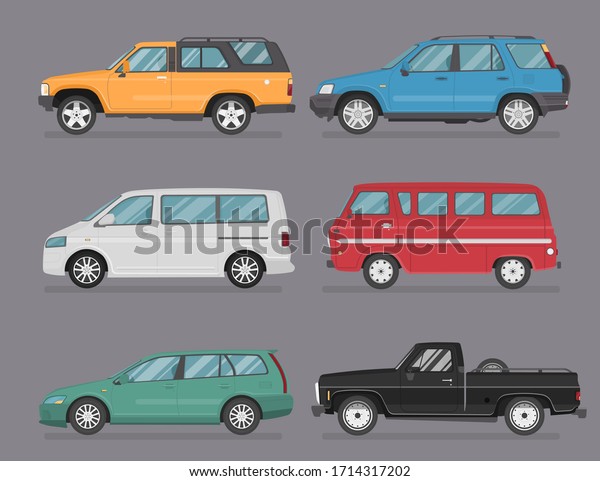 Set of isolated cars of different\
colors. 4x4, business auto, vintage car, pickup, bus for travel,\
truck. Flat illustration, icon for graphic and web\
design