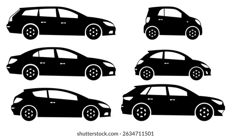 Set of isolated cars silhouettes on a white background. Vehicle icons vector illustration view from the side