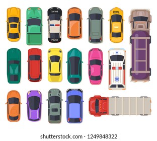 Set of isolated cars or top view on auto, police vehicle and ambulance, fuel transport truck and freight lorry, family van or minivan, sports car and electrocar. Automobile icons, autotransport