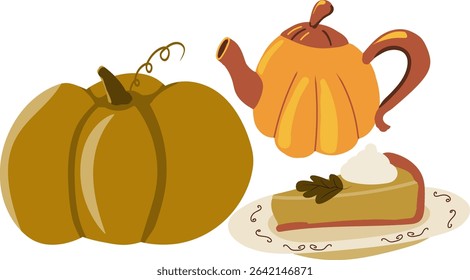 Set of isolated cartoon autumn and Thanksgiving elements: a pumpkin, a teapot, and a slice of pumpkin pie on a plate, in warm orange and brown tones. Ideal for seasonal designs.