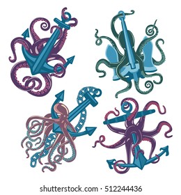 Set of isolated cartoon blue octopus with anchors in tentacles suction cups. Sea or ocean underwater monster. Marine mascot or tattoo, squid poster and t-shirt print, nautical and seafood theme