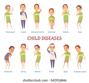 Conjunto de personajes de caricatura aislados que padecen síntomas diferentes con leyendas que describen ilustraciones vectoriales tipo enfermedad