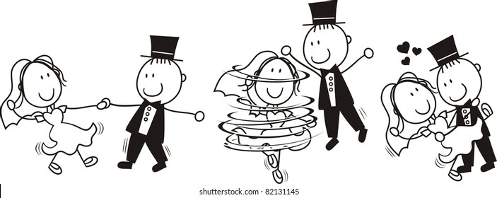 Set Of Isolated Cartoon Bride And Groom First Dance Wedding, Ideal For Funny Invitation