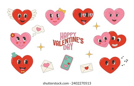 Set of isolated cartoon characters in heart shape in retro groovy style.Valentine's Day.Vector stock illustration.