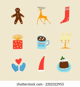 Set of isolated cartoon Christmas and winter icons. Gingerbread, Santa's hat, sock, deer, pudding, hot drink, candles and gift box.