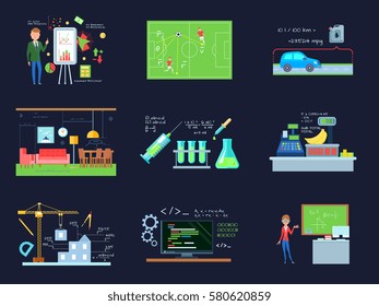 Set of isolated cartoon compositions with mathematics in education and industry flat images on dark background vector illustration
