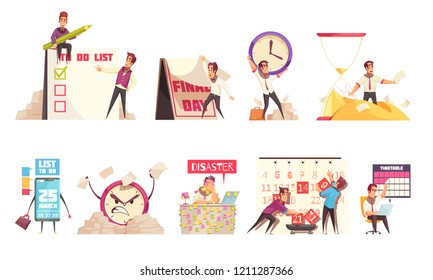 Set of isolated cartoon compositions on theme of time management planning schedule timetable and deadline vector illustration