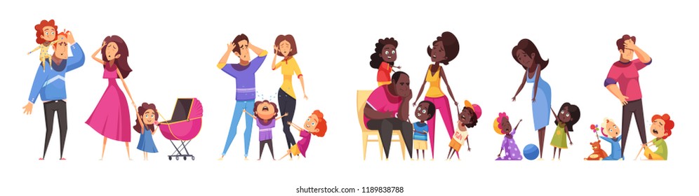 Set of isolated cartoon compositions showing routine scenes of family relations between adult and children vector illustration