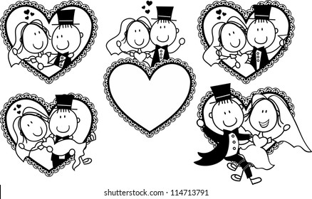 set of isolated cartoon couple in heart shape frame, ideal for funny wedding invitation