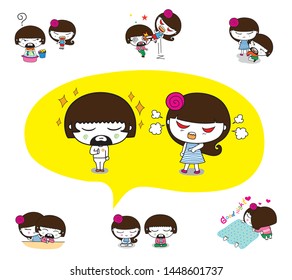 Set of isolated cartoon couple scenes, ideal for funny wedding invitation.