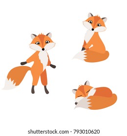 Set of isolated cartoon cute foxes. vector illustration, eps. 
