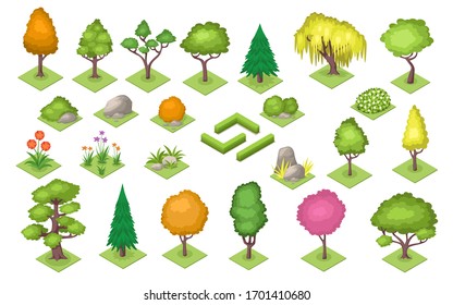 Set of isolated cartoon decoration elements for park and garden, wood or forest. Bush fence and tree, stone and flower at summer or spring season. Cartoon flat plants collection. Botany and nature