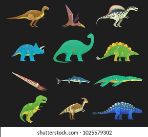 Set of isolated cartoon dinosaur or dino. T rex or t-rex, tyrannosaurus rex and stegosaurus, brachiosaurus and spinosaurus dino, cartoon saichania and pterodactyloidea dinosaur icon. Jurassic theme