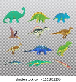 Set of isolated cartoon dinosaur or dino. T rex or t-rex, tyrannosaurus rex and stegosaurus, brachiosaurus and spinosaurus dino, cartoon saichania and pterodactyloidea dinosaur icon. Jurassic theme