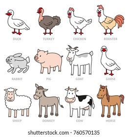 Set of isolated cartoon farm animals. Stylized meat animals and bird