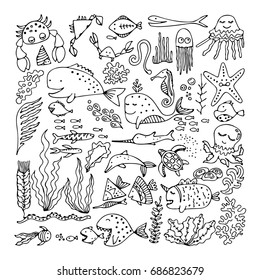 A set of isolated cartoon fish and sea animals. Vector illustration for your design