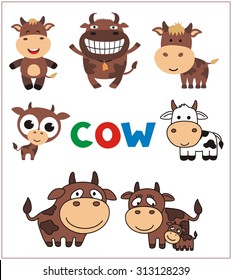 Set of isolated cartoon funny cows, bull and calf.