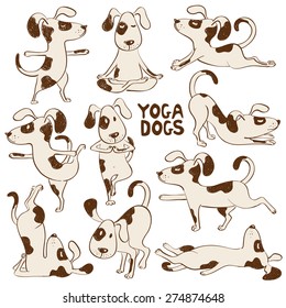 Set of isolated cartoon funny dogs icons doing yoga position.