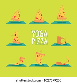 Set of isolated cartoon funny pizza icons doing yoga position