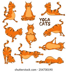 Set of isolated cartoon funny red cats icons doing yoga position