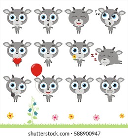 Set of isolated cartoon goat in different poses.