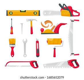 Set isolated cartoon icons building tools repair. Level, roller, brush, hammer, wrench, screwdriver, jigsaw, chainsaw, stationery knife. Tool box vector illustration. 